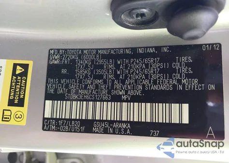 2012 Toyota Highlander Se V6 из США, поврежденный, VIN 5TDBK3EH6CS127663